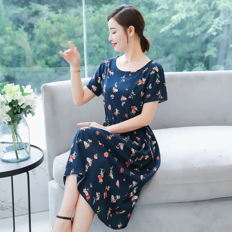 

Summer cotton silk dress female 2020 new slim slimming waist floral Office Lady Polyester Knee-Length