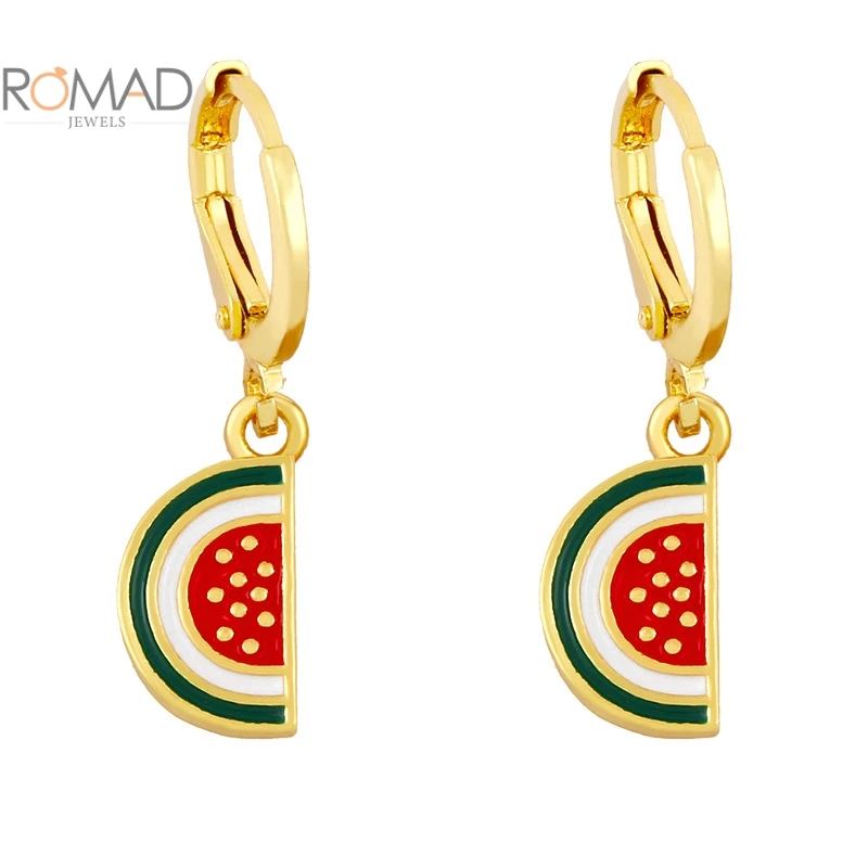 

ROMAD Copper Women Banana Strawberry Watermelon Pendant Earrings Cute Fruit Earrings Dangle 18k Gold Plata Jewelry Bijoux Femme