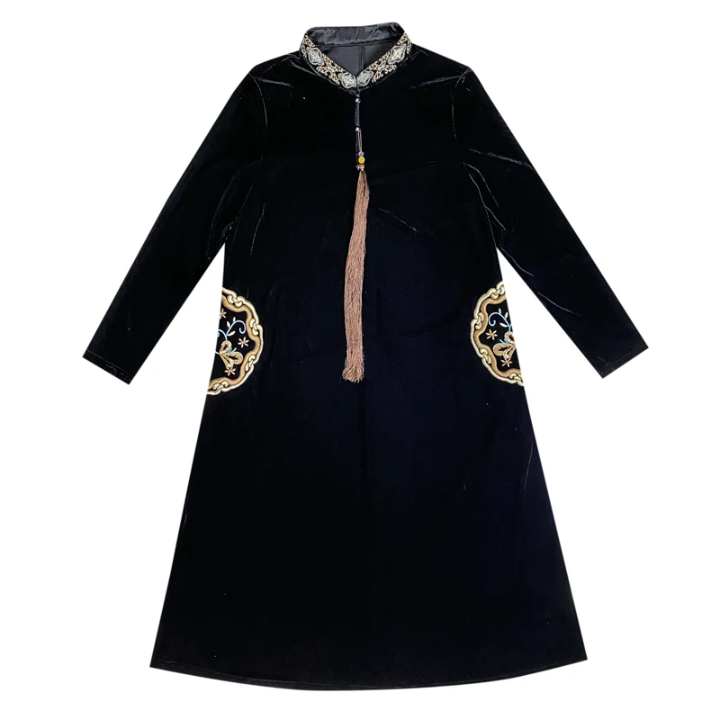 

2021 New Plus Size Black Velvet Embroidery Dresses Spring Autumn Vintage Floral Midi Women Bodycon Elegant Party One Piece Dress