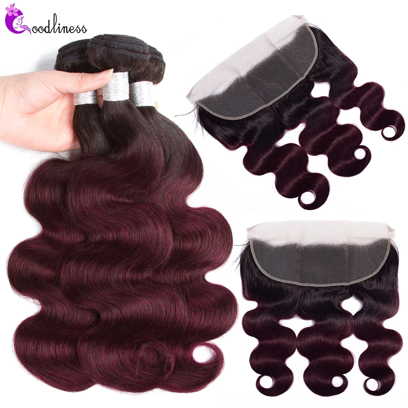 1b 99J бразильские волнистые пучки бордового цвета с фронтальным Омбре блонд пряди