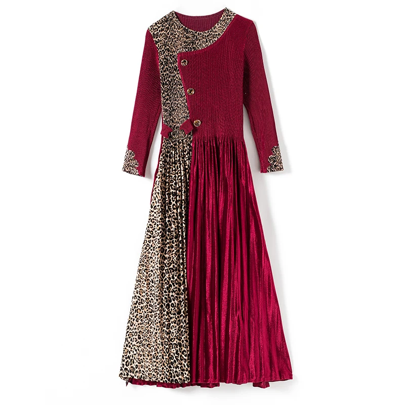 

Spring Autumn Velvet Stitching Leopard Dresses Sexy Pleated Stretch Slim Fashion Long Sleeve Dress Woman Burgundy Purple