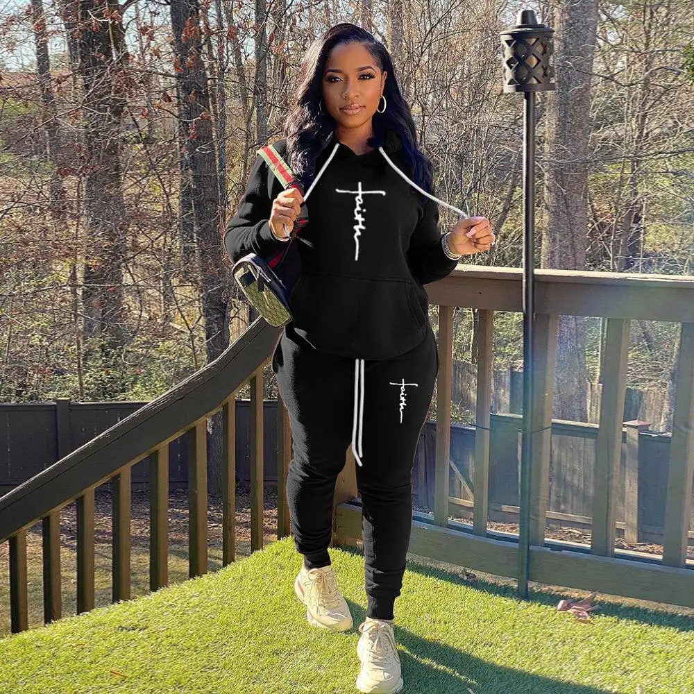 

Embroidery Print Sweatsuit Autumn Winter Athletic Activewear Long Sleeve Hooded Sweatshirt Straight Sweatpants Drawstring Sets