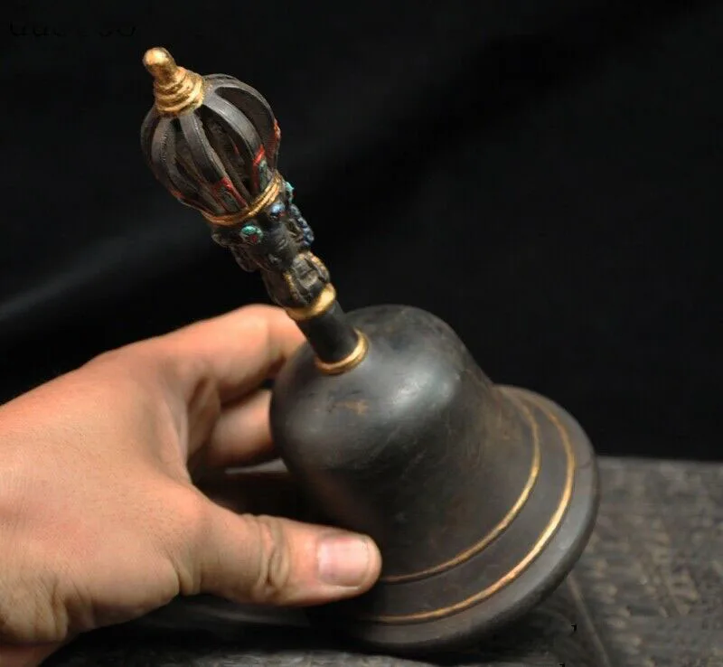 

wedding decoration 7"Tibetan Buddhism Bronze Painted Tara Kwan-Yin Buddha head Exorcism Chung bell