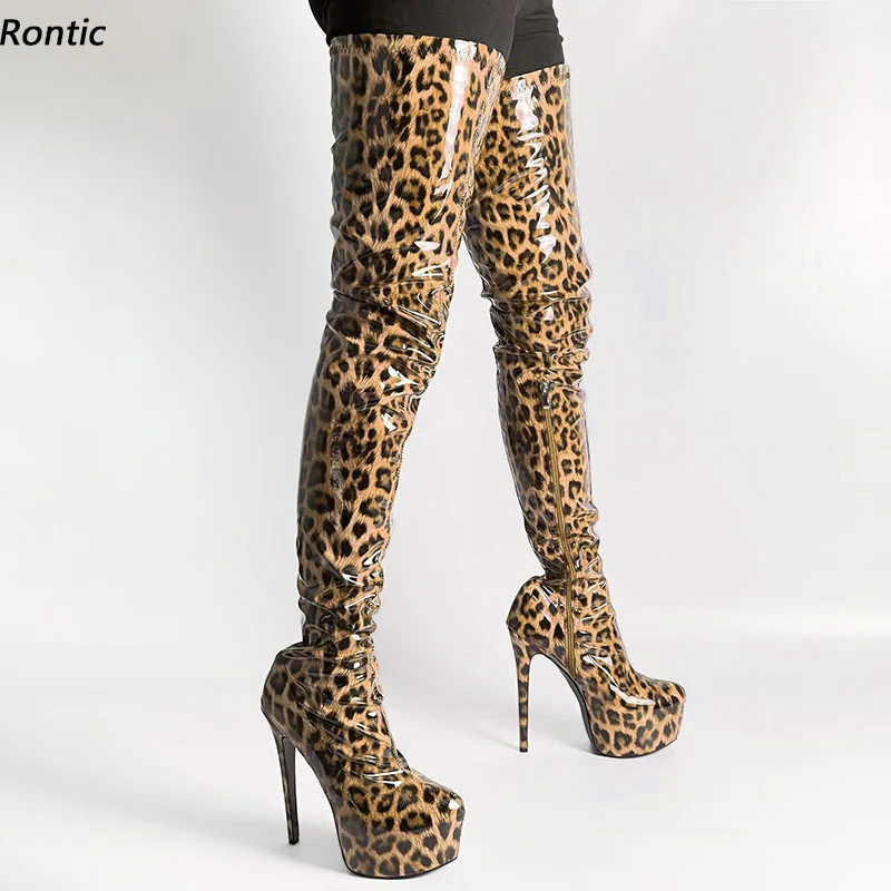 

Rontic Women Spring Thigh Boots Patent Leather Side Zipper Stiletto Heel Round Toe Gorgeous Leopard Cosplay Shoes US Size 5-20