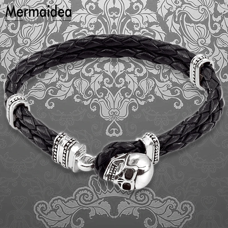 Bracelet Woven Leather Wrap Skull with Toggle Crap 2020 New silver plated Fashion Jewelry Punk Gift for Men Boy Women Girls | Украшения и