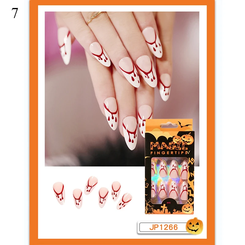 

Full Cover Acrylic Nail Tips 24Pcs Fake Nail Stiletto Mid-Long Nail Extension Press On Nail Halloween False Manicure Accessories