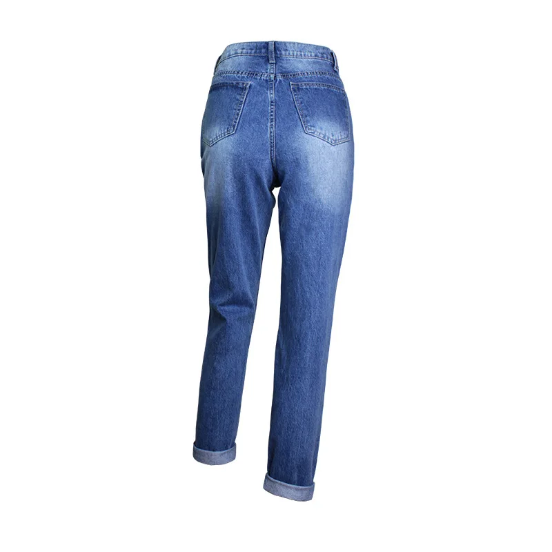 

Women Cotton Boyfriend Beggar Jeans High Waist Ripped Hole Distressed Sequined Loose Straight Jean Trousers Slim Fit Denim Pants