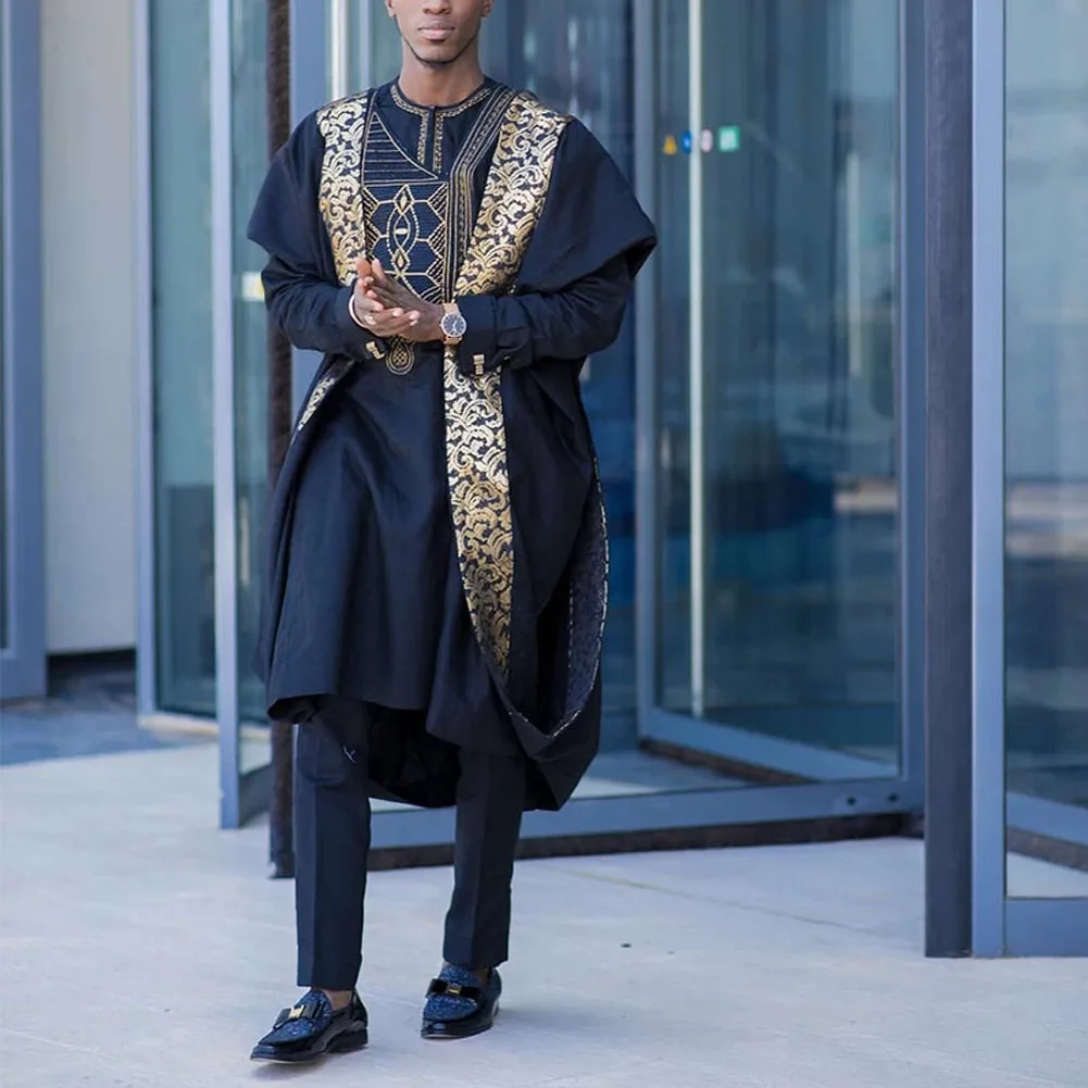 SUNGIFT Мужская традиционная одежда в африканском стиле с принтом Agbada Топ dashiki рубашки и брюки Boubous Slim Fit наряды 3 шт.(M-6XL