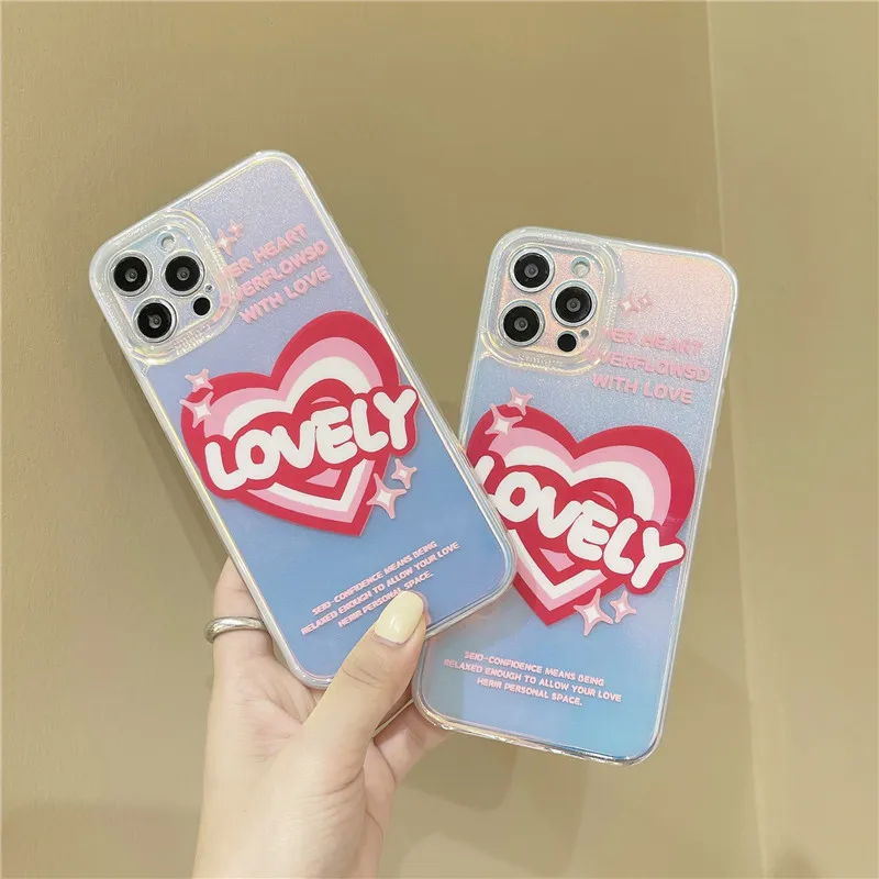 

Laser pink Love Heart Phone Case For iphone 11 12 Pro Max 7 8 Plus XR clear Soft IMD Smile frame Cover for iphone X XR XS MAX
