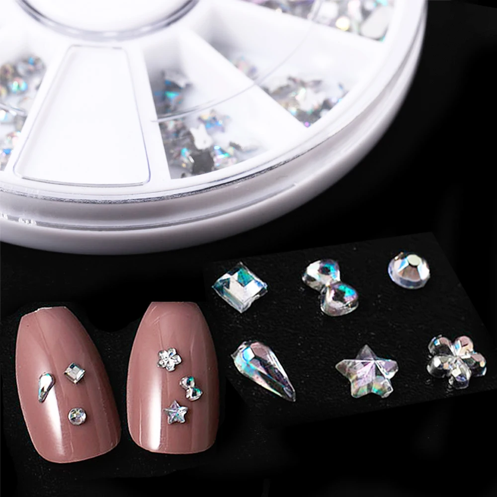 

6 Mixed Shape Wheel White AB Rhinestone for Nail Glitter Diamond Waterdrop Blossom Decor Accessory Nail Art Jewelry Stone DIY
