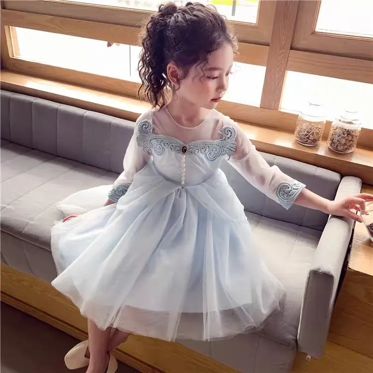 Платье для девочек весеннее Сетчатое платье с бусинами 2020 костюм детей 2 3 5 7 9 11