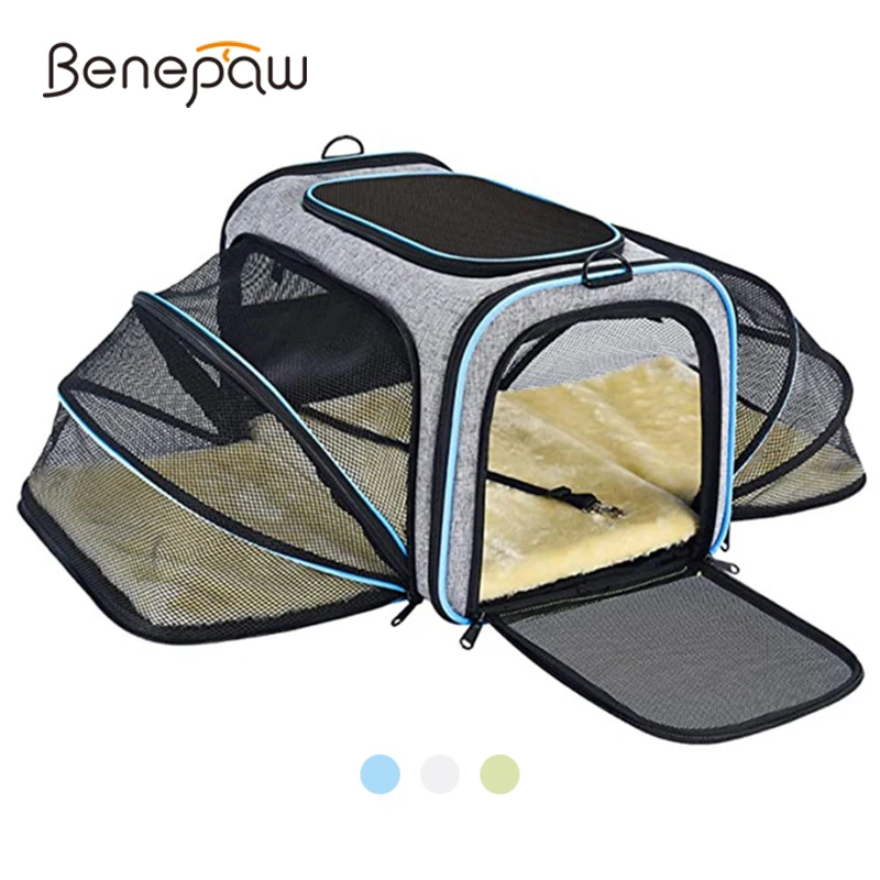 Benepaw Breathable Soft-Sided Pet Travel Carrier 4 Sides Expandable Collapsible Cat Small Dog Bag Removable Fleece Pad
