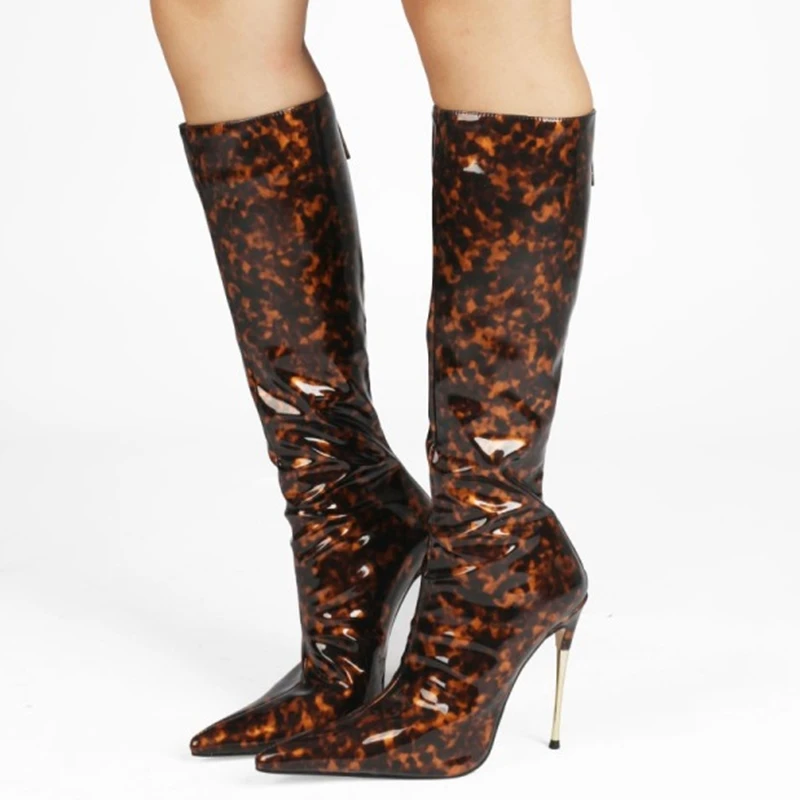 

Big Size 47 Fashion Women Shoes Booty Print Pointy Toe High Heel Knee High Boots Back Zipper Sexy