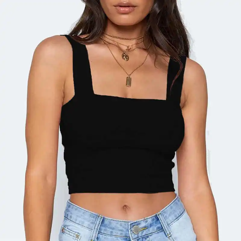 

Square Neck Sleeveless Summer Crop Top White Women Black Casual Basic T Shirt Off Shoulder Cami Sexy Backless Tank Top