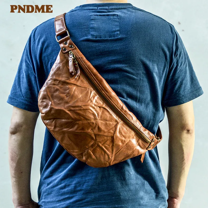 PNDME fashion pleated genuine leather men's chest bag natural first layer cowhide simple vintage trend large-capacity waist pack