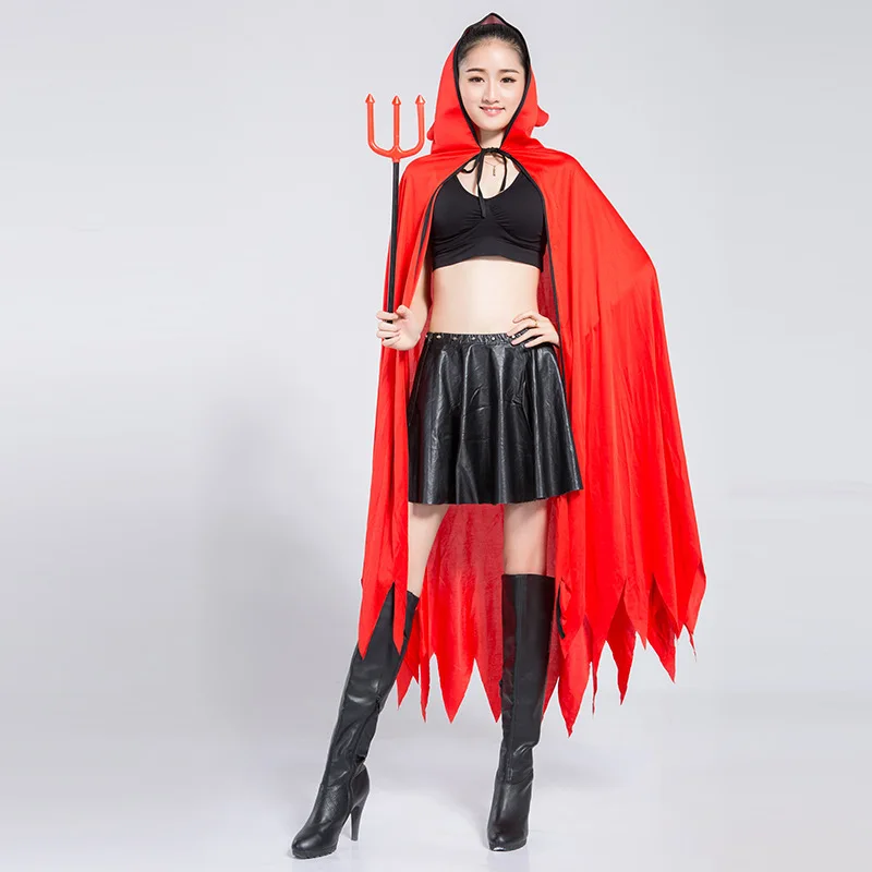 Для женщин Хэллоуин красный демон дьявол рог с капюшоном Плащ Накидка Трезубец