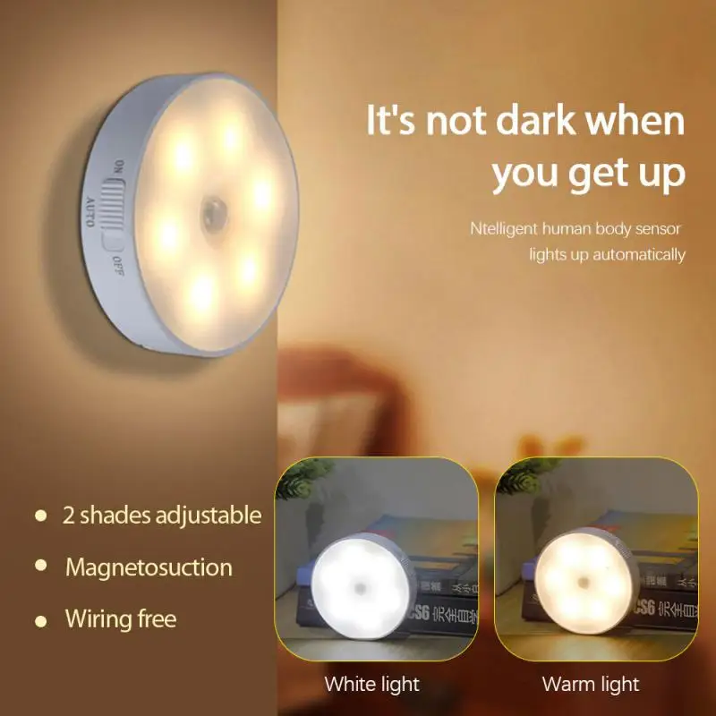 

6LED Bead Motion Sensor Night Light Adjustable Warm/White Light USB Charging Energy-saving Kitchen Bedroom Bathroom Cabinet Lamp