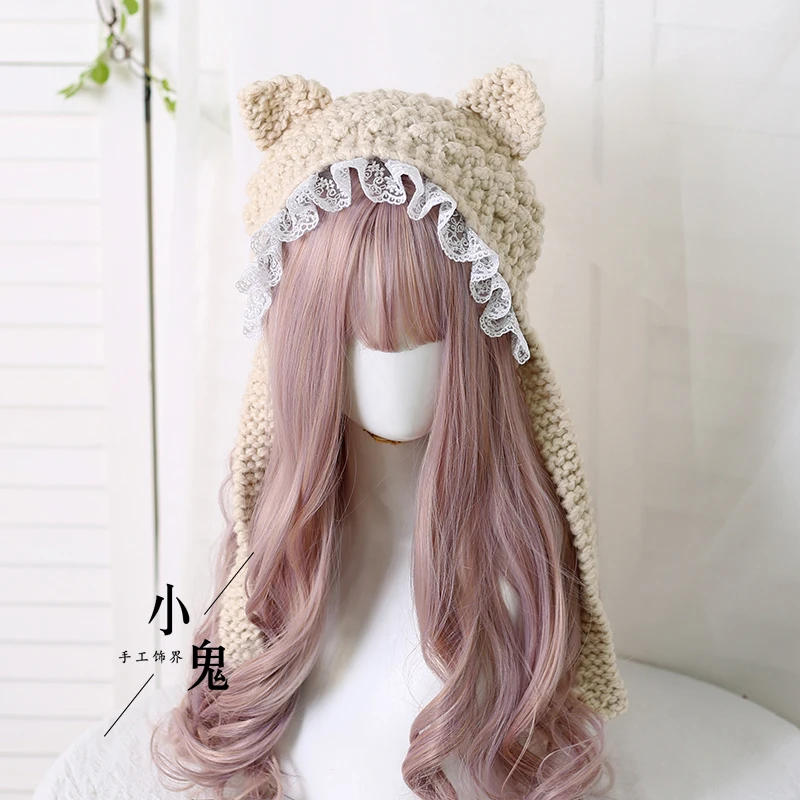 Шапка Вязаная Шерстяная осенне-зимняя для девочек с кошачьими ушками - купить по