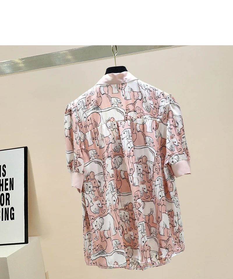 

2021 Summer Ladies Bow Shirt New Loose Western Style Cartoon Elephant Printed Women Blusas Chiffon Short Sleeve Fashion Top