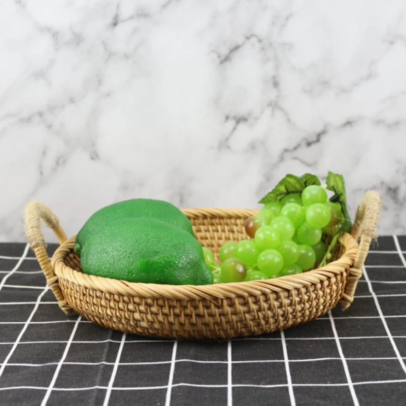 

Hand-Woven Basket Home Snacks Candy Fruit Storage Basket Rattan Woven Round Binaural Tray, 2PCS