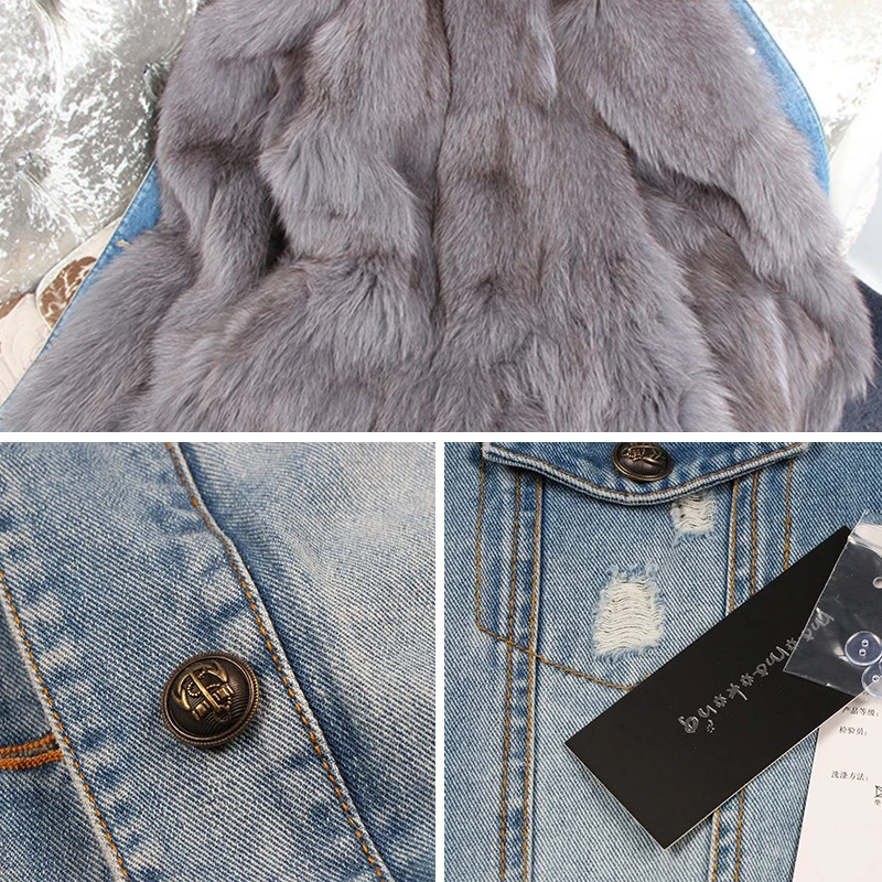 2020 new winter clothes natural furcoat denim pie overcome rabbit fur grass liner fox fur collar coat long coat female winter