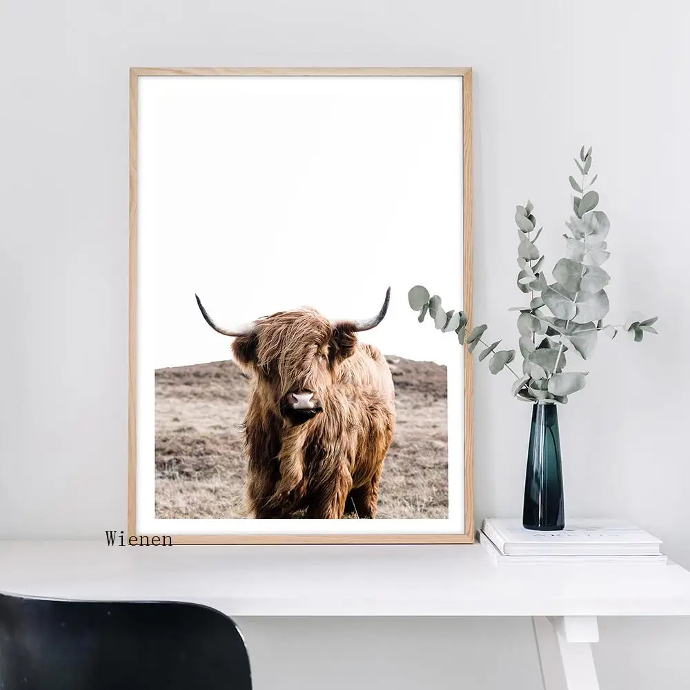 

Nordic Poster Highland Cow Buffalo Mountain Animal Landscape Wall Art Canvas Painting Print Picture for Living Room Home Decor