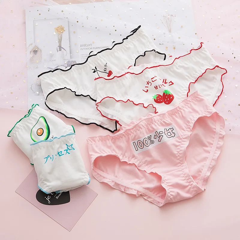 

5pcs Lolita Girl Teenage Underwear Women Cotton Panties Briefs Cartoon Kawaii Seamless Strawberry Lingerie Femme Funny Panties