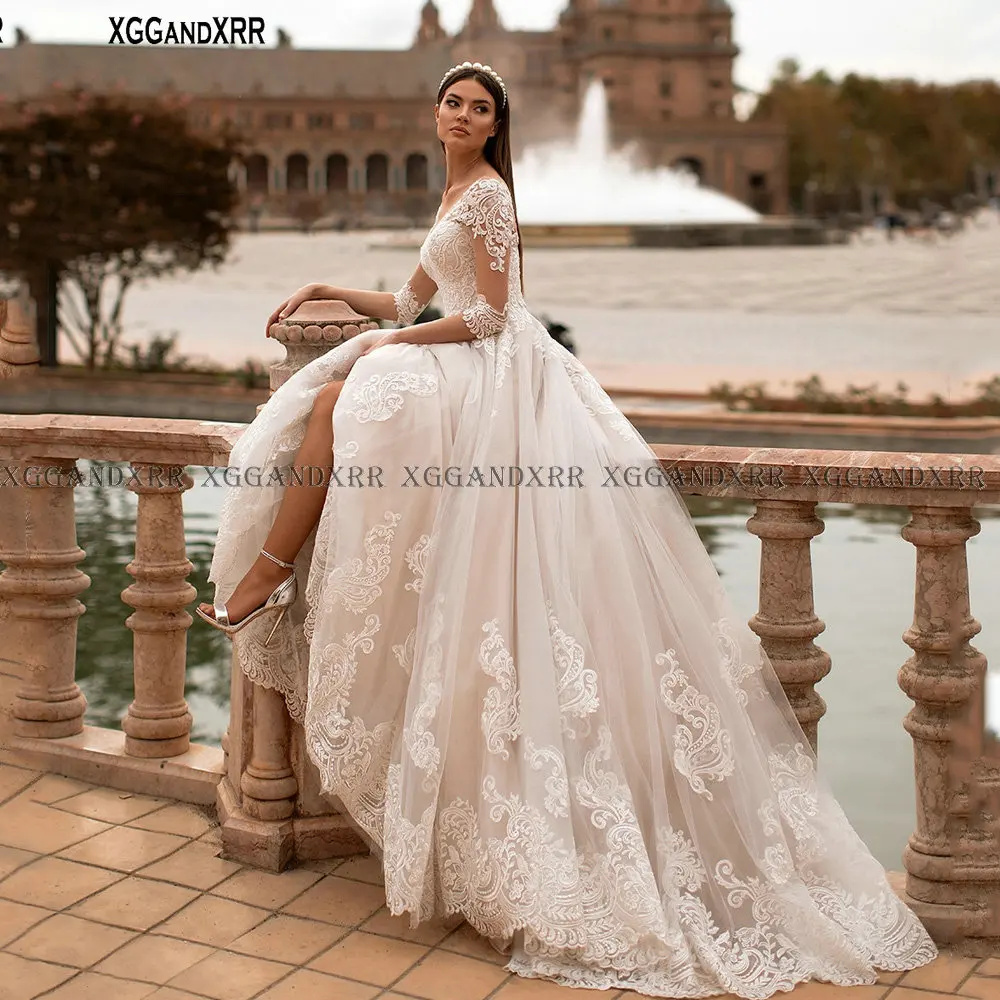 

XGGandXRR кружевное платье трапециевидной формы свадебные платья 2021 длинные Половина рукава платье принцессы, невесты Романтический совок апп...