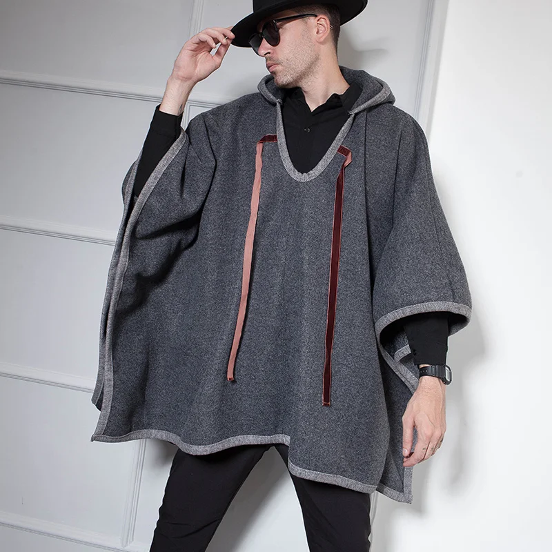 

dark gray Black thick woolen coat woolen coat shawl cape hooded autumn and winter men's shirt European and American simplicity