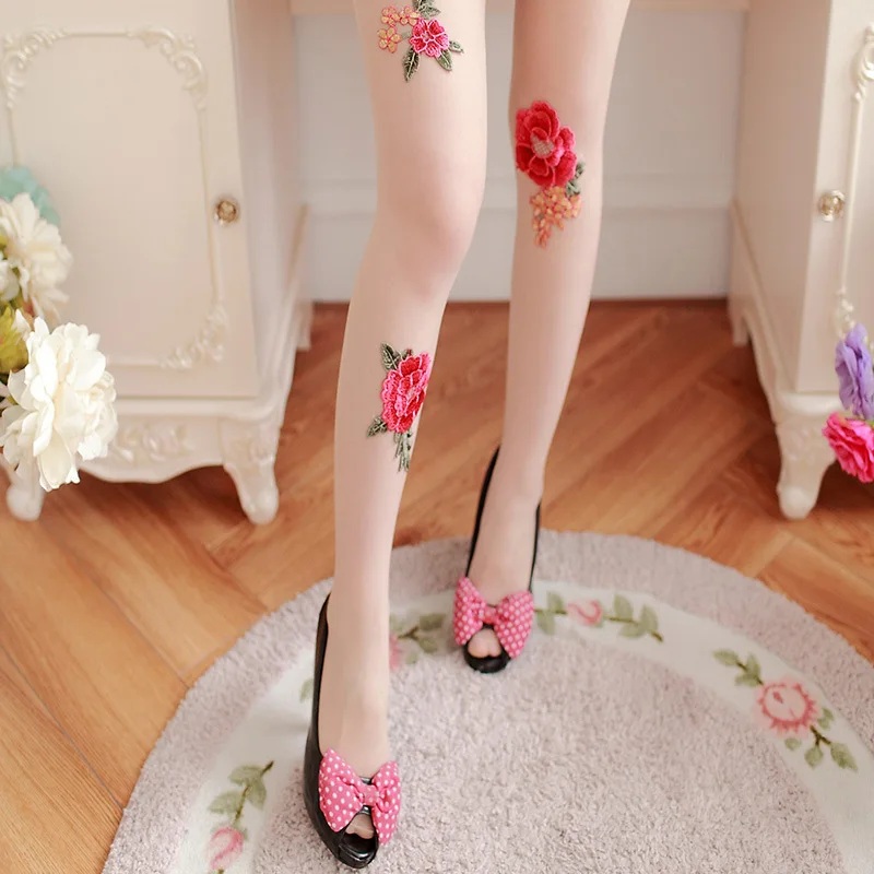 Stockings Female Summer Long Socks Women's Pantyhose Sexy Handmade Embroidered Tights Big Red Flowers Thin Leggings for Girls