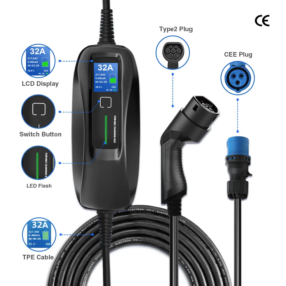 besenergy type2 ev charger level 162432a portable electric vehicle car charging cable cee plug 220v 240v evse iec 62196 2 6m free global shipping