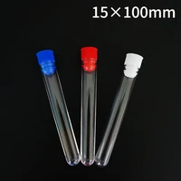 50pcslot 15x100mm clear plastic test tubes with plastic blueredwhite stopper push cap for school experiments and tests