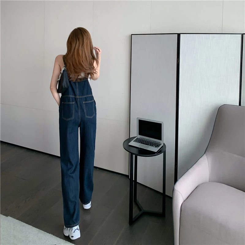 

Retro Women Jeans Jumpsuits 2021 Sweet Ladies Cotton Playsuits Front Pocket Cute BF Bib Long Denim Pants Plus Size Trouser Girls
