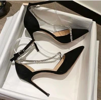new female high heeled shoes black stiletto hollow pointed toe single shoes sexy baotou one word buckle rhinestone sandals