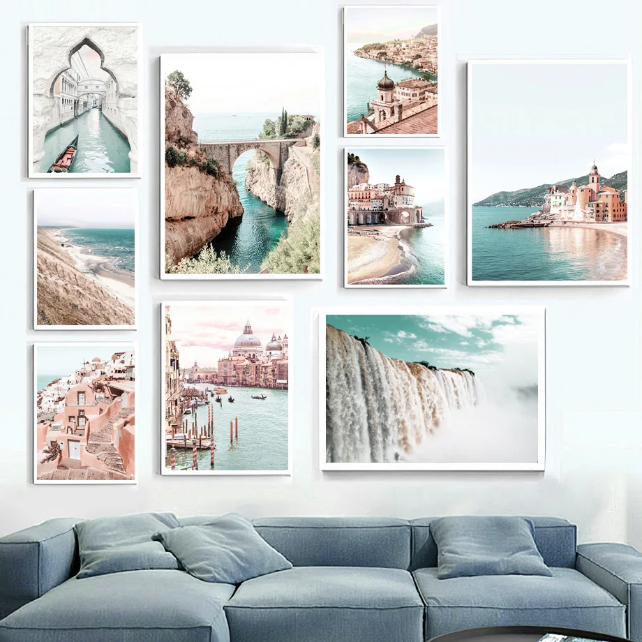 

Venice Amalfi Coastal City River Waterfall Posters And Prints Nordic Art Canvas Painting Wall Pictures For Living Room Decor