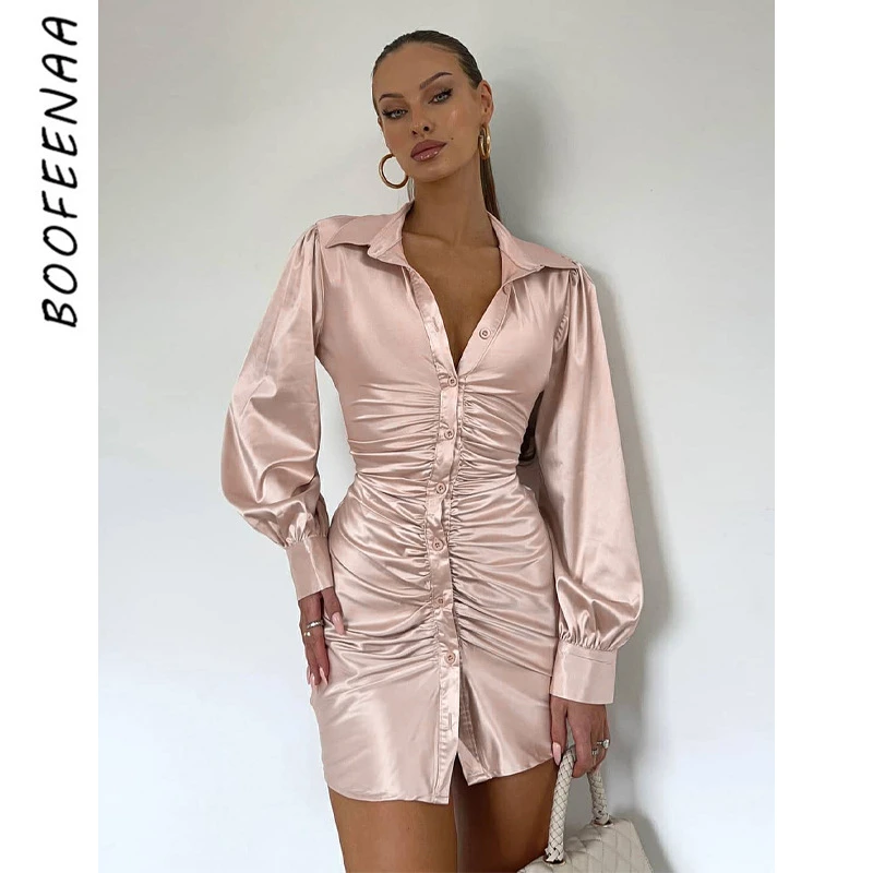 

Женское атласное платье-рубашка BOOFEENAA, элегантное облегающее платье с открытой спиной, рукавами-фонариками, на пуговицах, для клуба, 2021, C16-EZ22