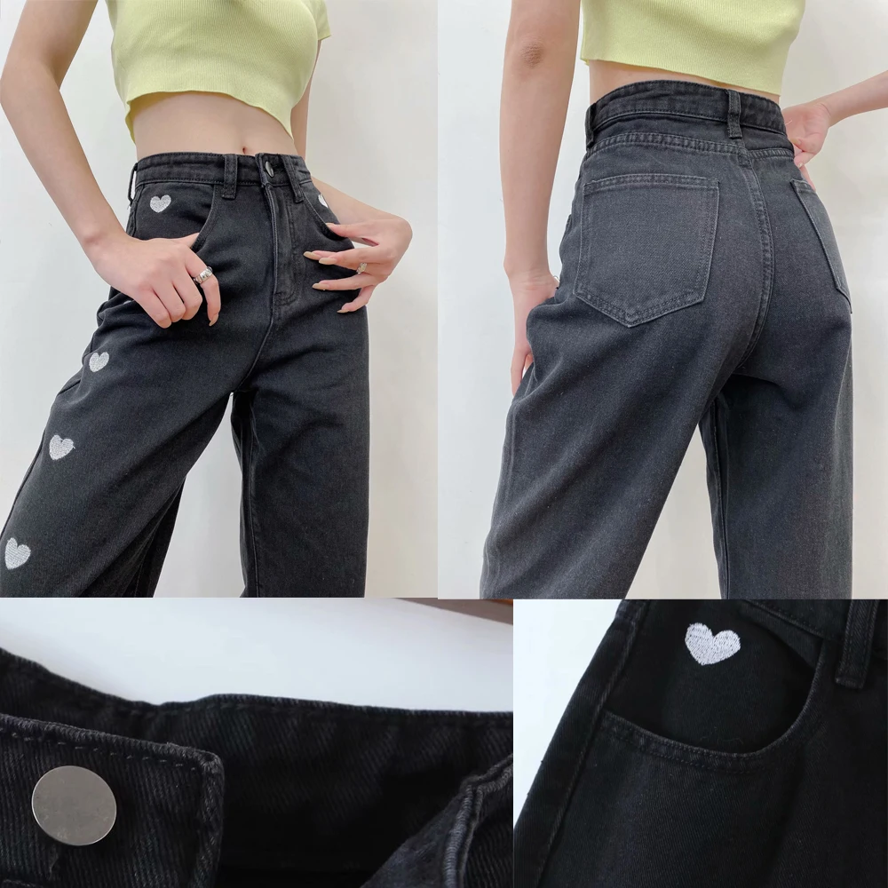 

SISHION New Wide Black Jeans VD1837 Fashion Embroidery Love Heart Denim Pants With High Waist Harajuku Loose Trousers