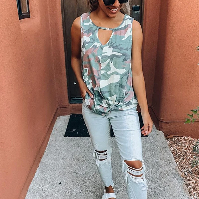 

Топ женский Камуфляжный с принтом, модная повседневная майка без рукавов, Облегающая рубашка с круглым вырезом, на лето