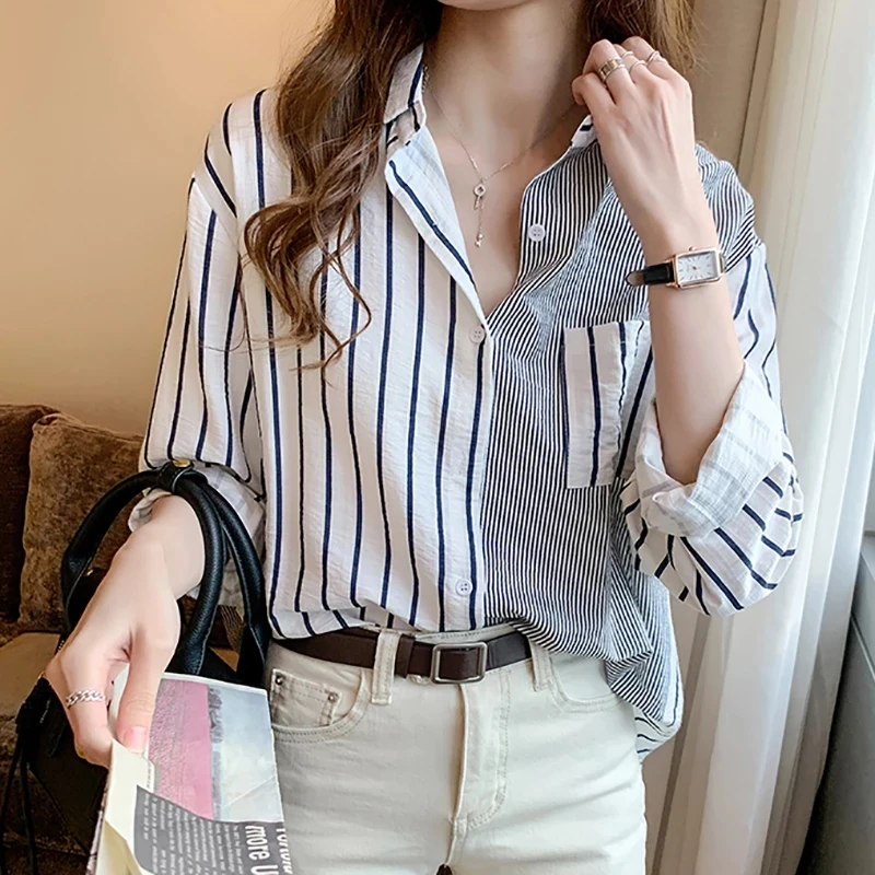 GGRIGHT 2021 Striped Casual Pockets Long Sleeve Shirt Women Cotton Blouse Ladies Clothes Button Womens Tops Chemisier Femme | Женская