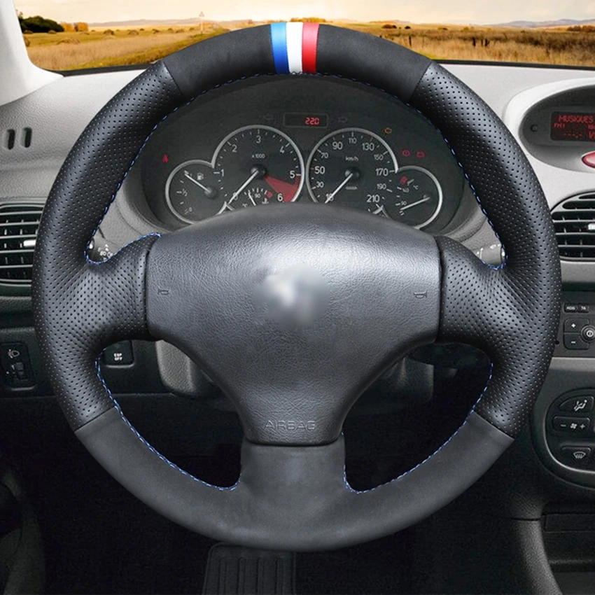 Сшитый вручную черный кожаный замшевый чехол на руль автомобиля для Peugeot 206 1998 1999
