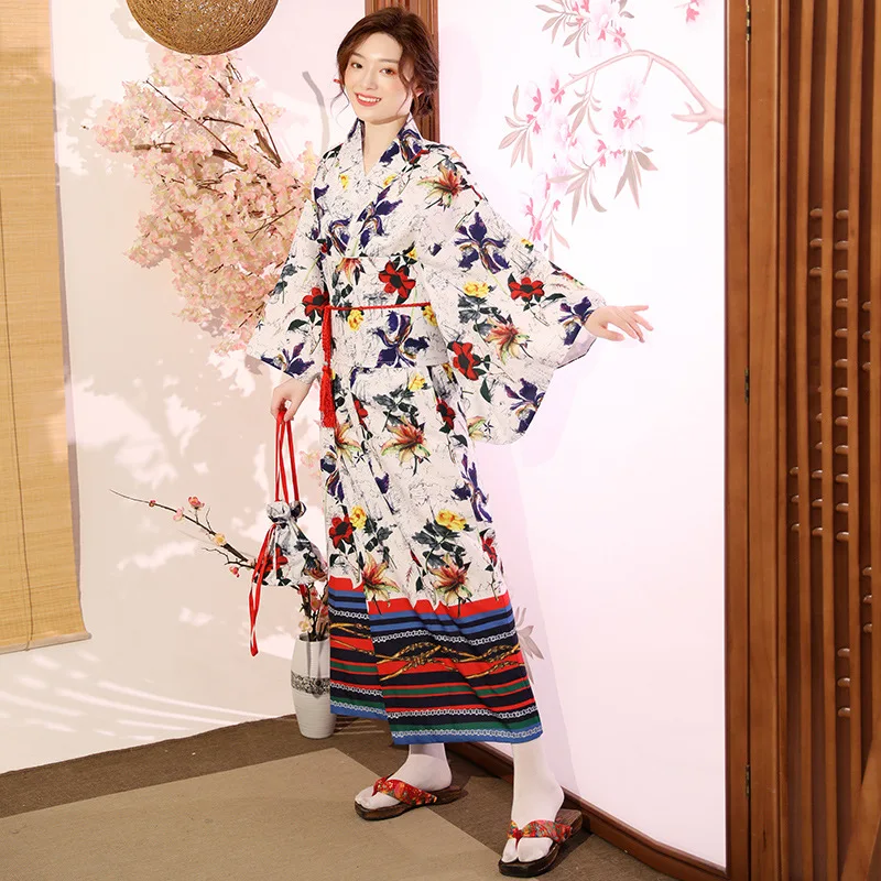 

Printed Flowers Lady White Kimono Japanese Traditional Formal Costume Cosplay Women Yukata Stage Show кимоно японский стиль