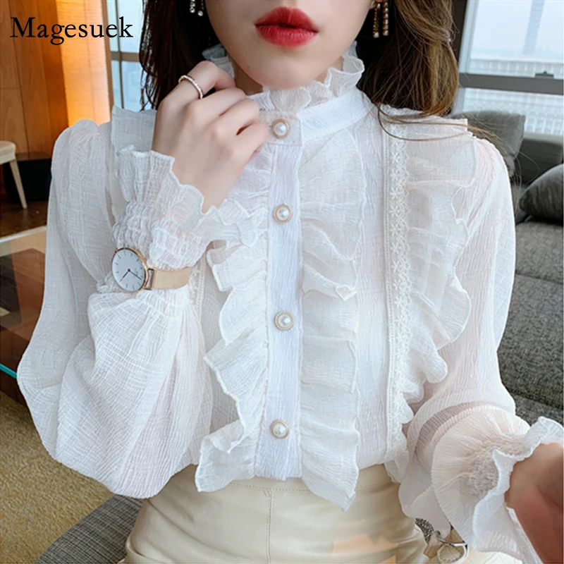 Blusa de gasa de encaje con volantes para mujer, camisa de manga larga abombada, color albaricoque, cuello alto, estilo coreano, elegante y elegante, 13433