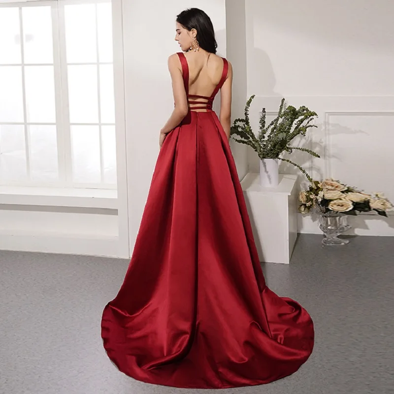 

Special Occasions Sexy Red V Neck Open Back Satin Evening Prom Dress