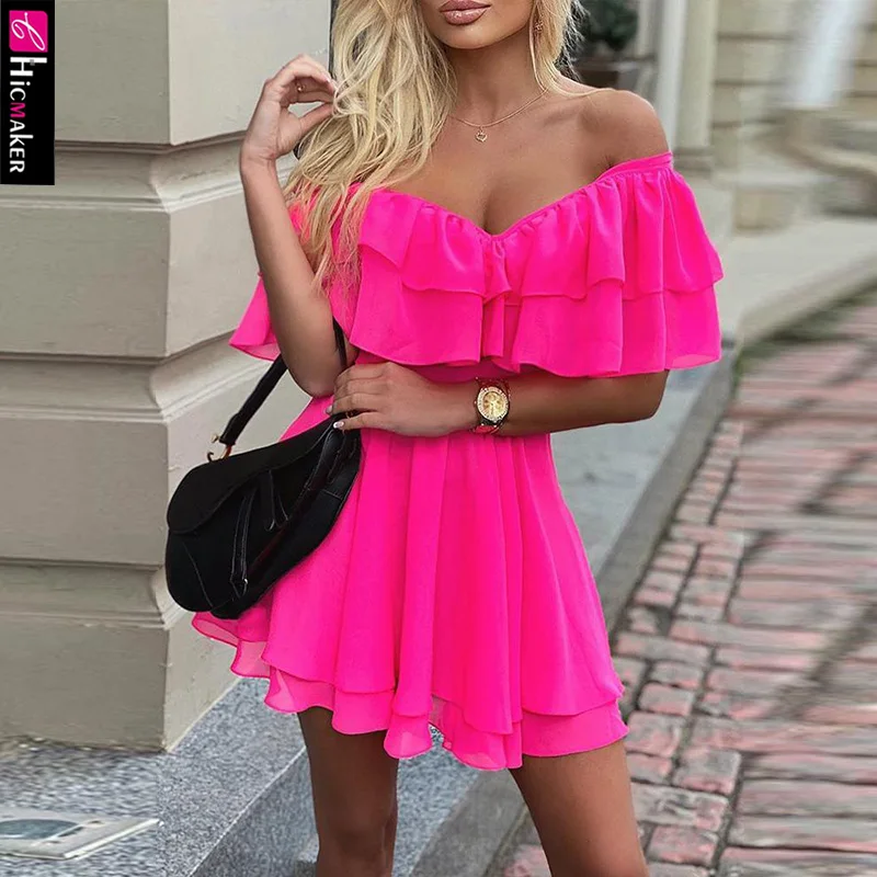 Женское мини платье с открытыми плечами и оборками|Женские платья| |