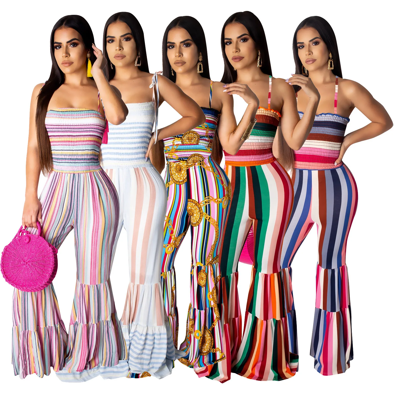 

Adogirl Off Shoulder spaghetti strap Jumpsuits Print Patchwork Flare Pants One Piece Overalls Nightclub Party Bodycon