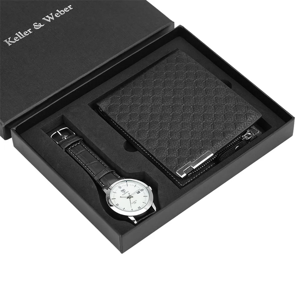 

Keller & Weber Quartz Men Watch Sets Black Leather Purse Birthday Gift Set