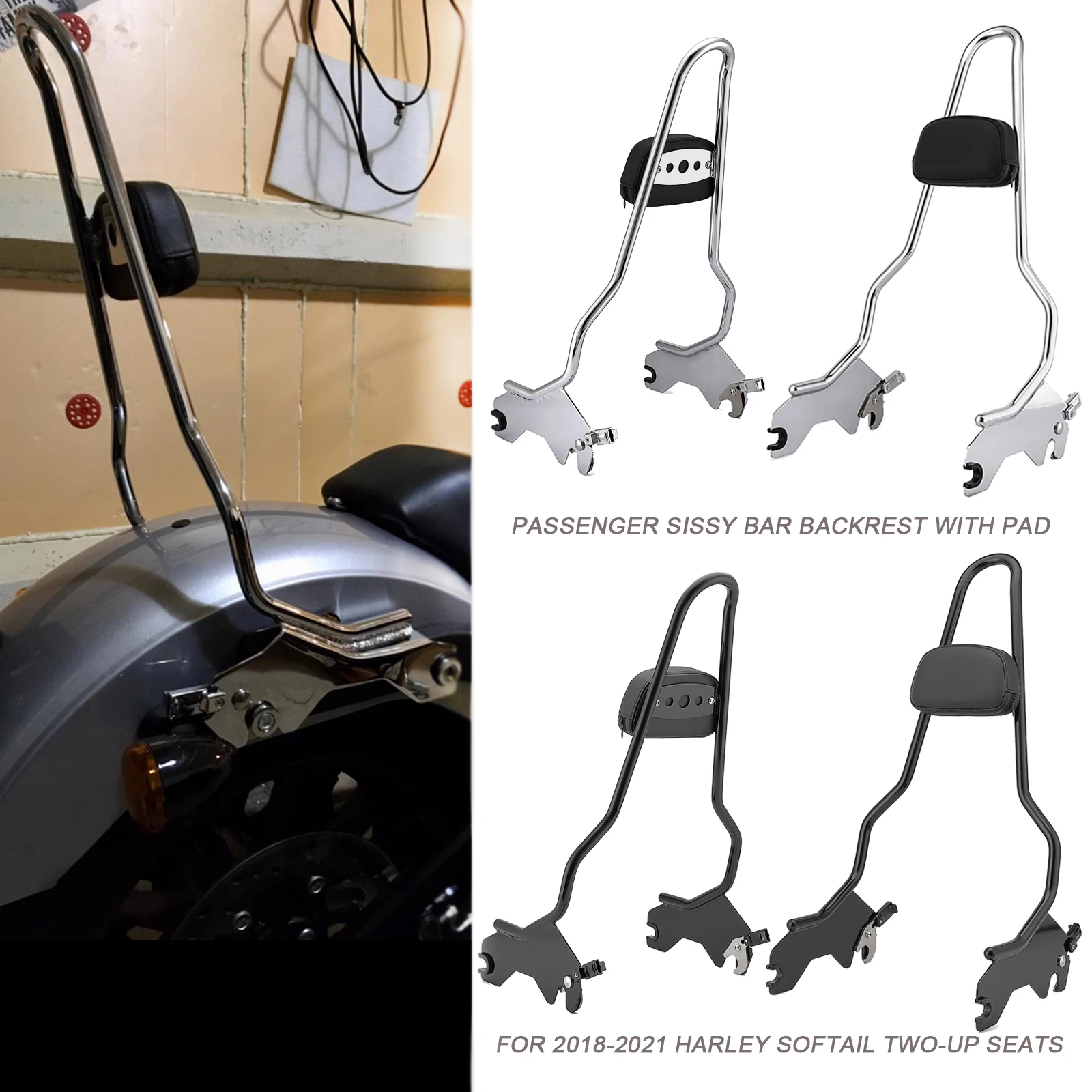 

For 2018-2021 Harley Softail FLSB FXLR FXLRS Two-up Seats Chrome Gloss Black Motorcycle Passenger Sissy Bar Backrest With Pad