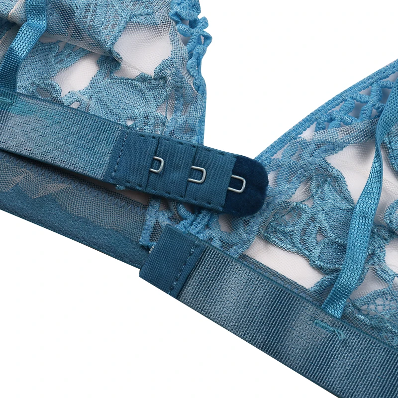 

Women Lace Bra and Panty Set Blue Silk Belt One Piece Hollow Out Sexy Solid Floral Bikini Bras