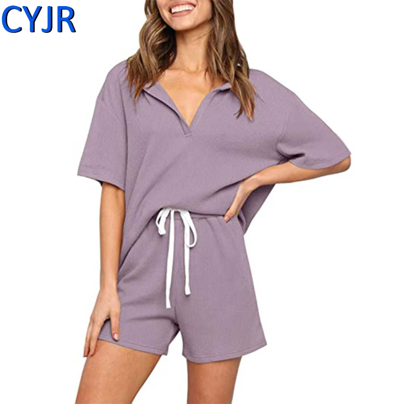 

Women Summer Pajamas Set Shorts Short-sleeved V-neck Top 2-piece Sleepwear Nightgown Casual Solid Color Homewear Suit Tracksuit