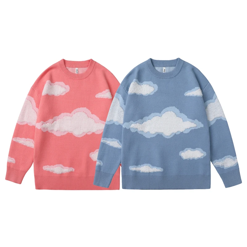 

Hip Hop Knitwear White Cloud Print Sweaters Men Streetwear Harajuku Crew Neck Pattern Pullovers Oversized Jumpers Mens Sweater